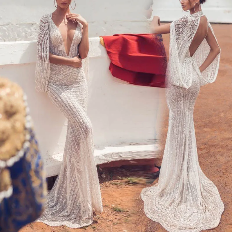 

Shein of Sexy Deep V Backless Lace Dress Maxi Dress/Prom Dresses 2020, White