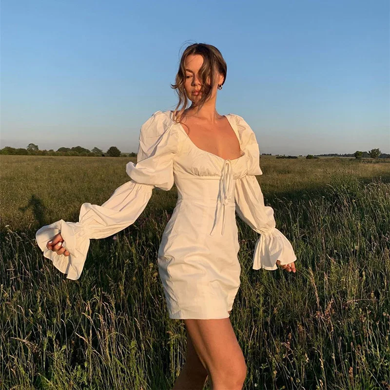 

Yingchchao 2020 Autumn Fashion Sweet Pagoda Long Sleeve Square Neck Bodycon White Dress for Women Fall Winter Dress