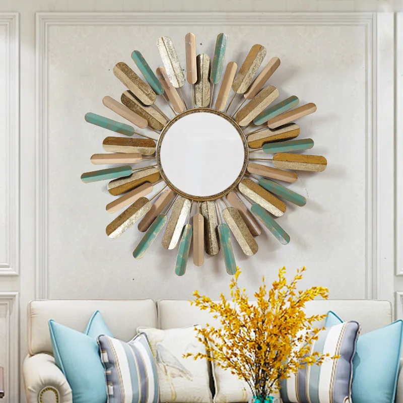 

European Style Creative Bedroom Wall Decoration Living Room Retro Sun Flower Mirrors Wall Art Metal Decor For Home, Gold/black/red/bronze/silver