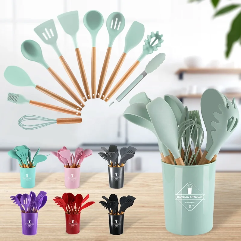 

WORTHBUY Silicone Cooking Utensils Set Non-Stick Kitchenware Spatula Shovel With Wooden Handle Heat-Resistant Cooking Tools Set, Green, pink, black, grey, purple