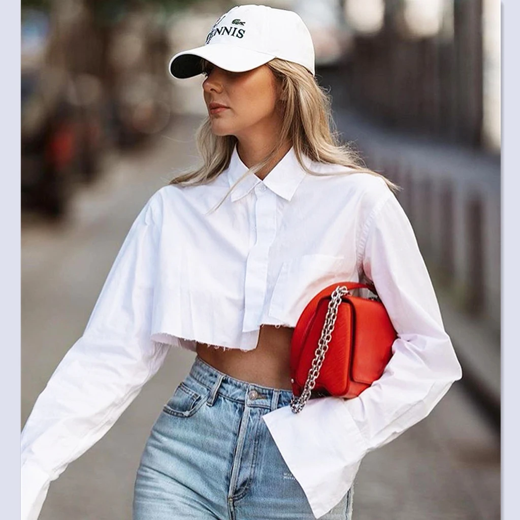 

2021 women ladies summer high waist white casual shirt