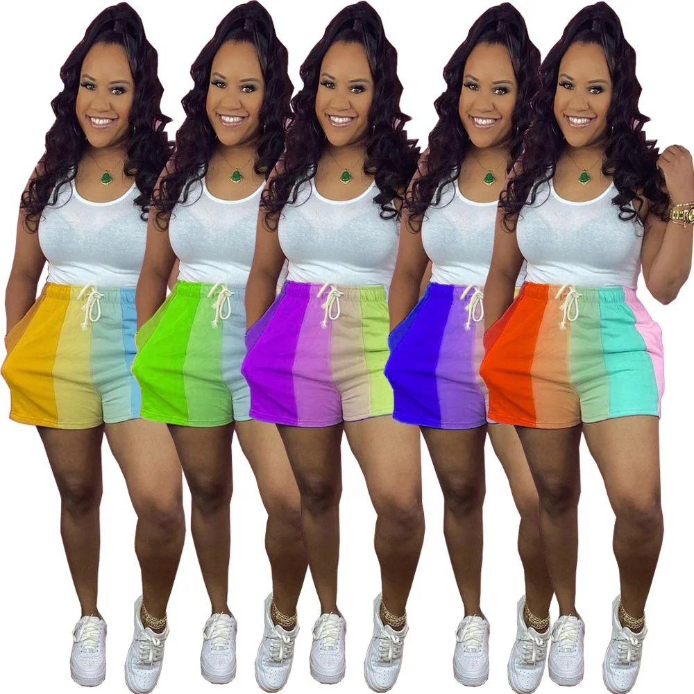 

MT59-133 Wholesale ladies casual fashion sexy digital printing rainbow stripe casual pants shorts women clothing