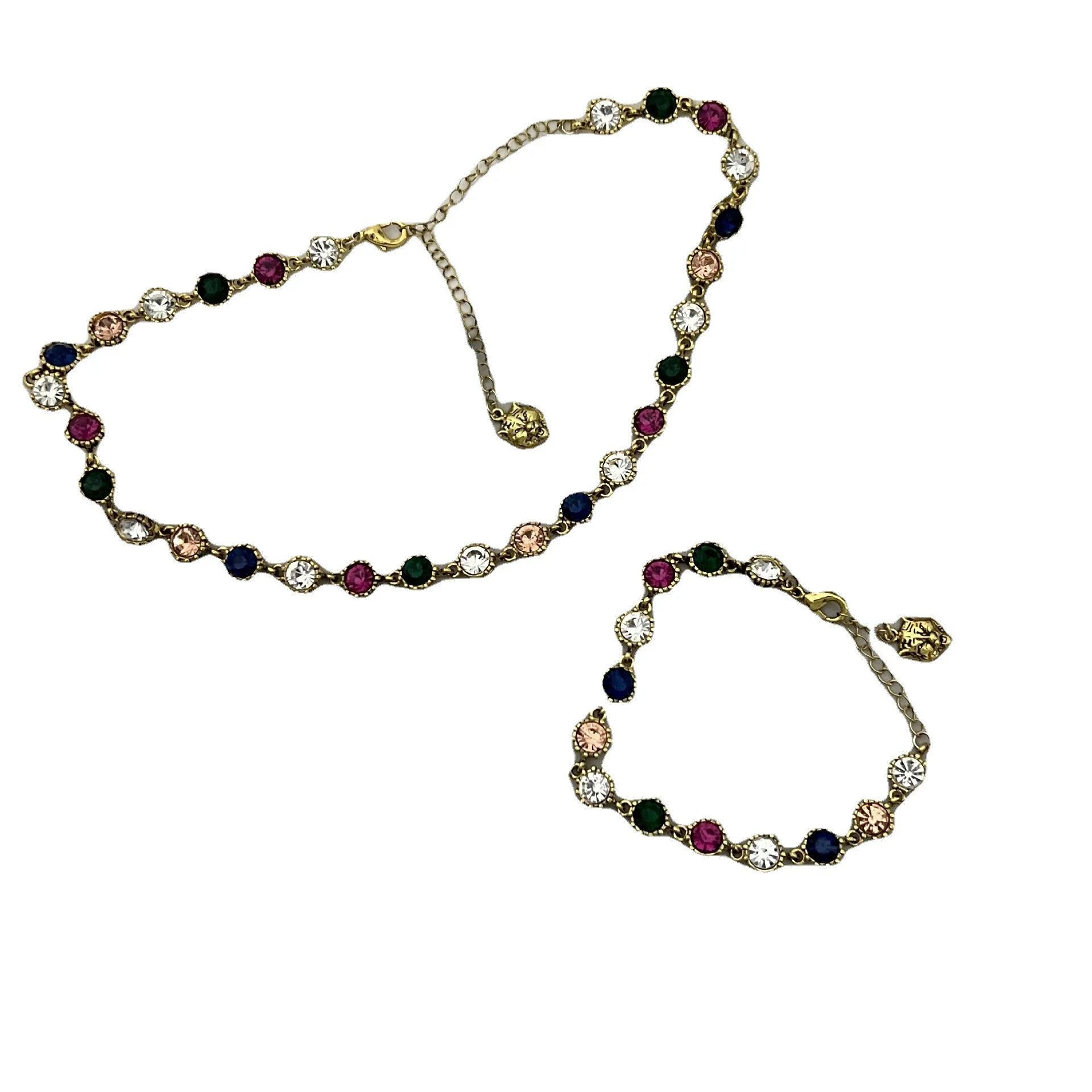 

Vintage Gem Necklace Colored Diamond Circle Women's Bracelet Light Luxury Temperament Advanced Jewelry Set