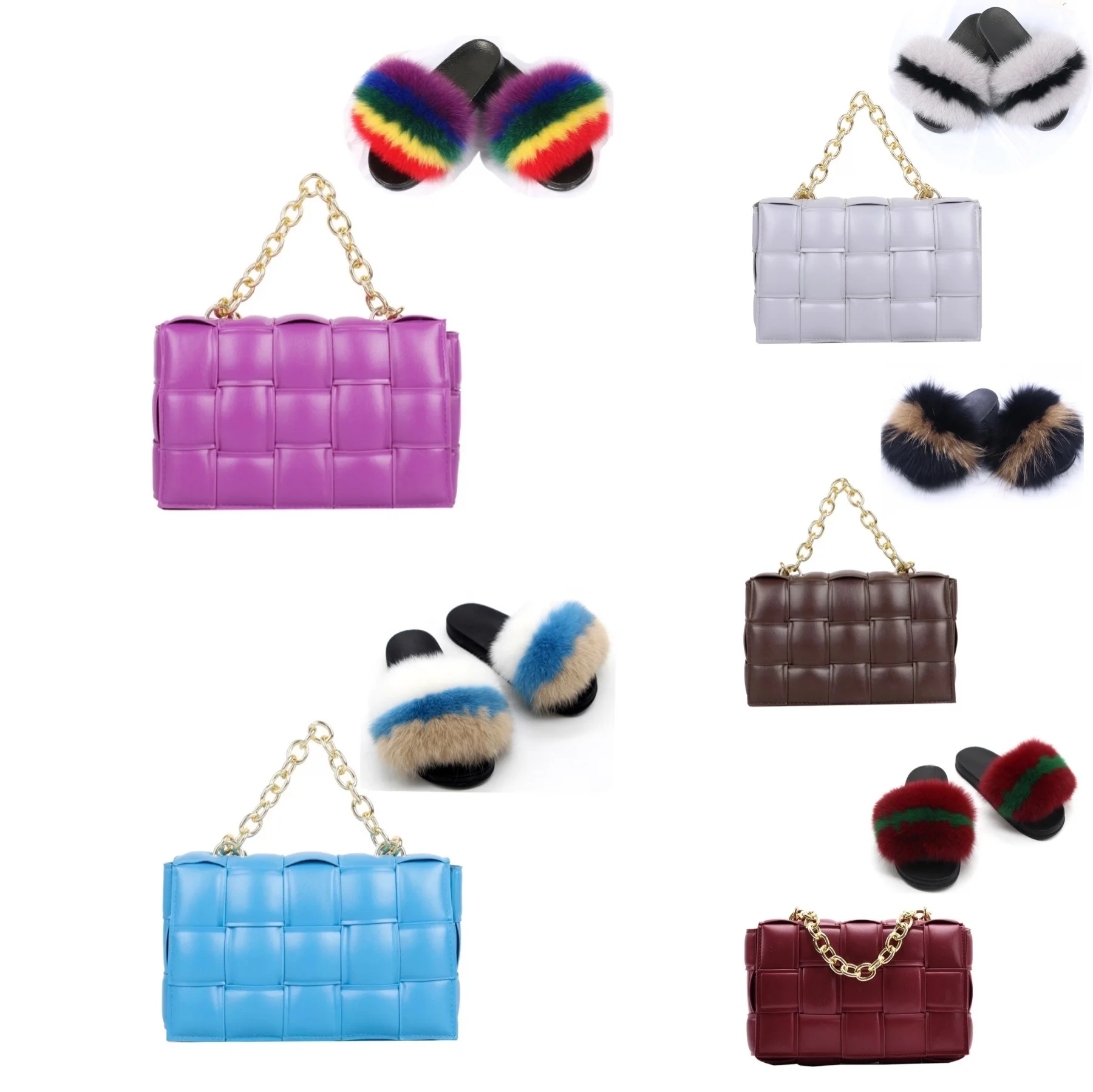 

2021 bamboo fur weave hand bags bag & matching slippers sandals slides shoes & and purse set match chain purses 2021 for women