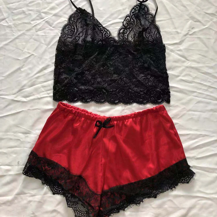
Sexy lace satin lingerie two piece set women pajamas sleepwear 