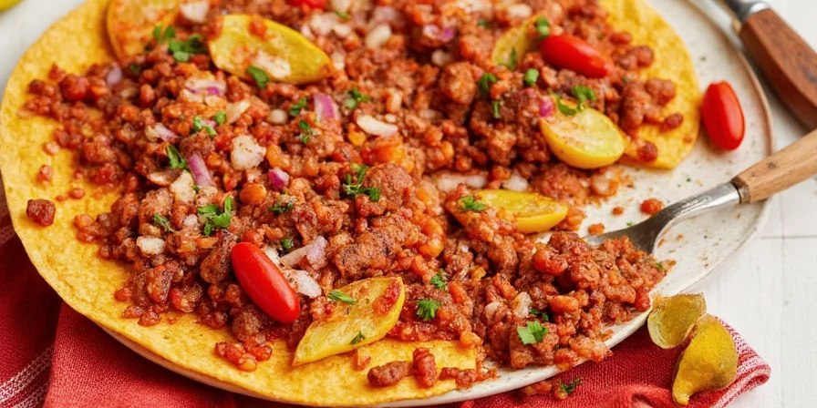 Fajitas sizzling on a cast iron skillet