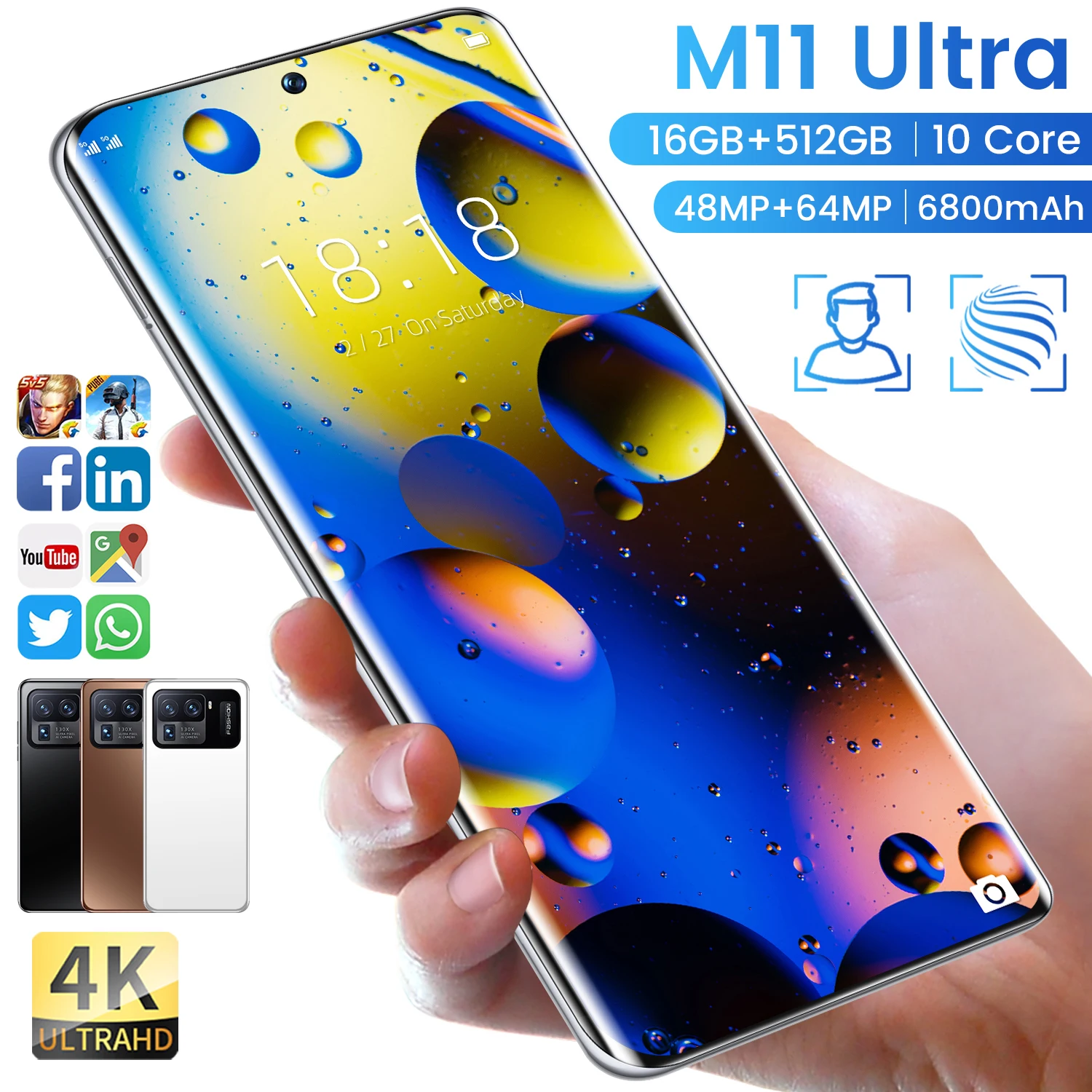 

Original M11 Ultra Smartphone 16+512TB Android 6800mah Qualcomm Snapdragon 888 4G/5G Dual Card Unlocked Mbile phones Cell Phones, Black ,white,gold
