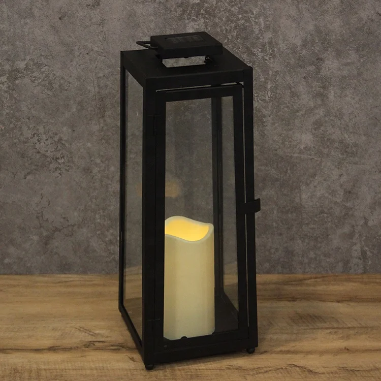 Black Metal Rechargeable Battery Operated Flameless Solar Candle Lantern For Outdoor Use