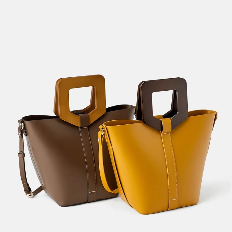 

Custom Smooth Leather Wooden Handle Ladies Hand Bag Women Bucket Handbag