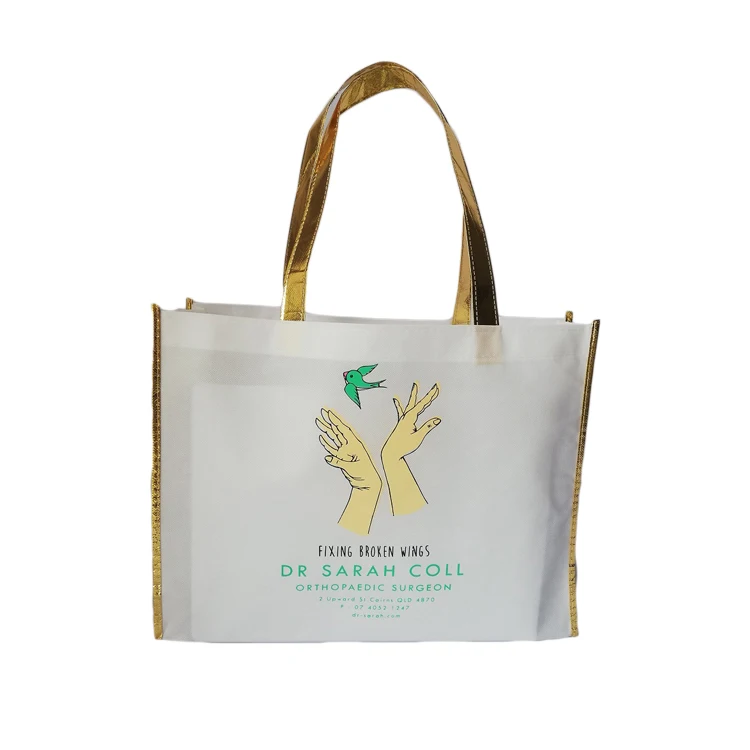 

White Shopping Bags with Gold Handle Printed Full Color Reusable Shopper, Customized color