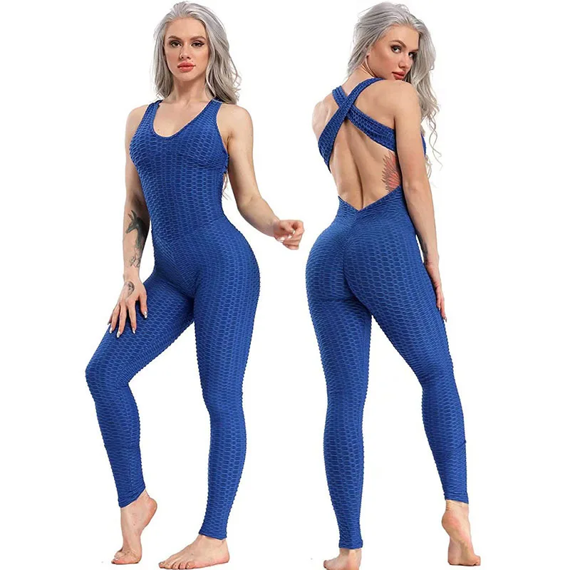 

Womens Butt Lifting Yoga Jumpsuit Backless Sport Bandage Romper Playsuit Sleeveless Textured Gym Bodysuit, Black,white,red, pink
