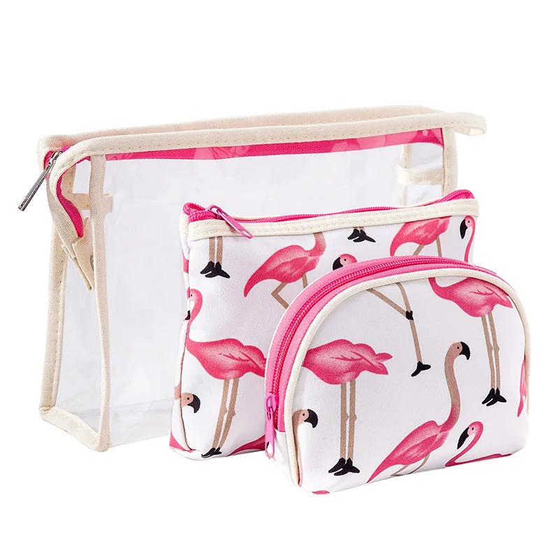 

Flamingo 3 Pieces PVC Make Up Bags Set Waterproof Clear Travel Makeup Pouch Zipper Open Laundry Bag Women PVC Cosmetic Bag, Multi printings