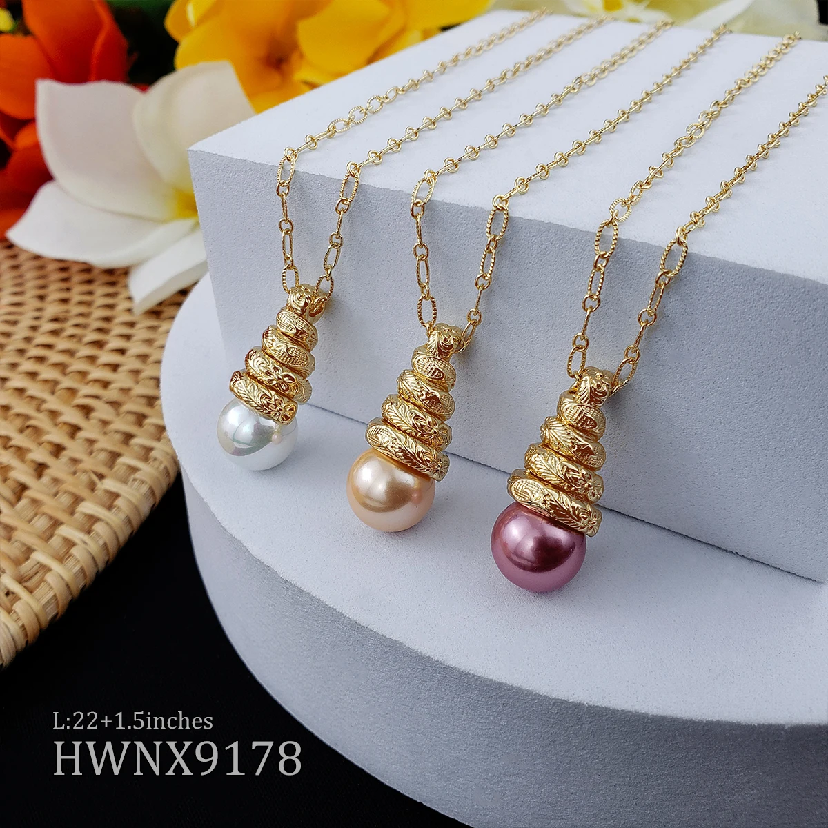 

Screw plumeria flower necklace pendant and stud pearl earrings set hawaiian 14k gold jewelry sets wholesale for women, Customized color