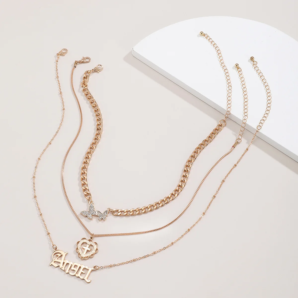 时尚简约天使之爱十字架蝴蝶水钻多层锁骨项链复古合金字母套装项链