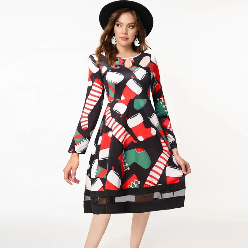 

2020 Fall Printed Dresses Slim A-line Skirt Christmas Long Sleeve Dress Women