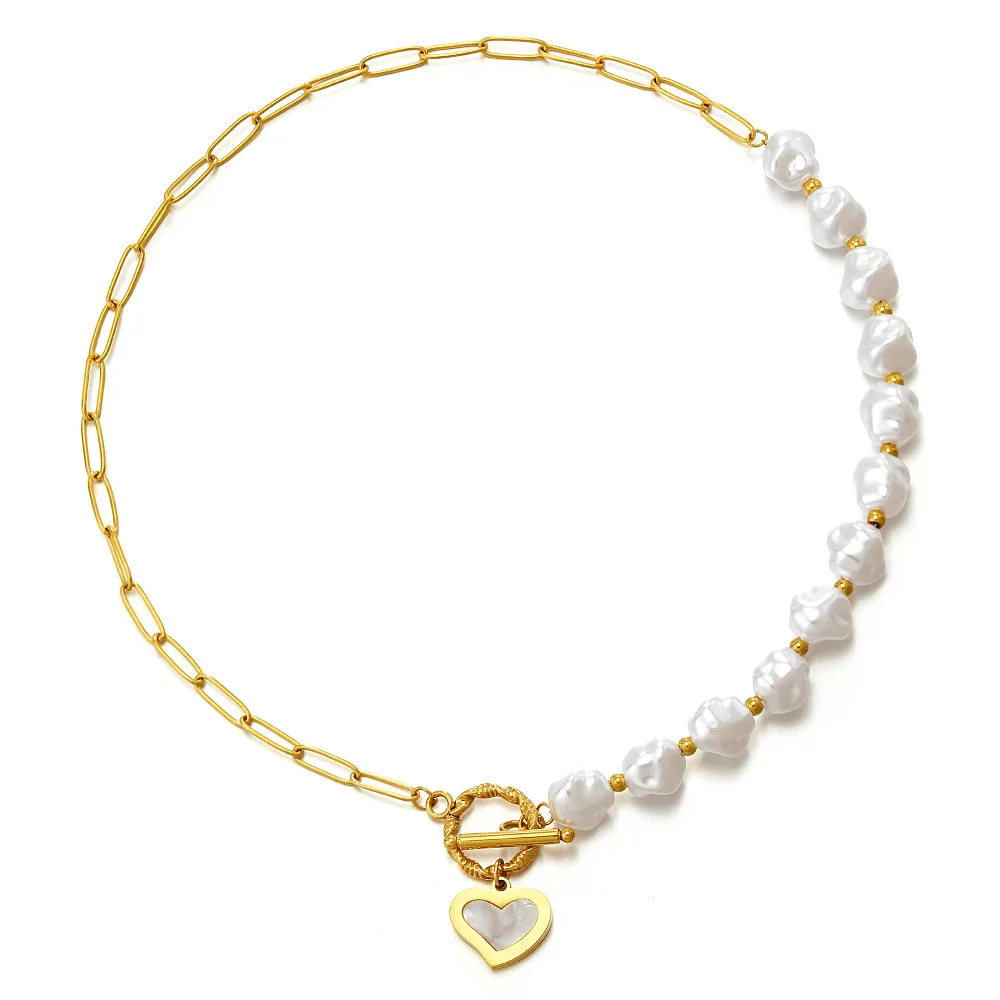 

Vintage Jewelry 18K Gold Plated Stainless Steel Paperclip Irregular Pearl Splicing Chain Heart Pendant Necklace YF2925