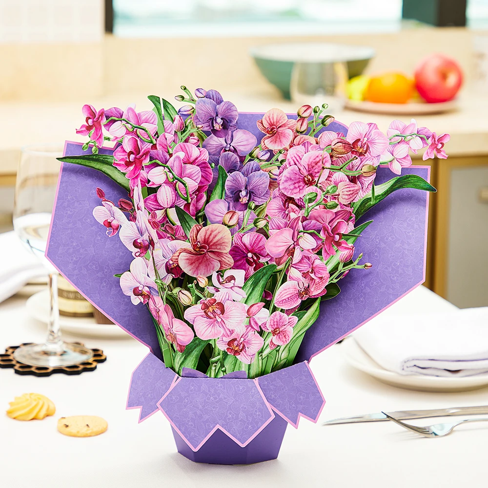 

Low Moq Purple Orchids Life Sized Bouquet Pop Up Greeting Card Creative For All Occasion Recycle Flower Boxes for Bouquets