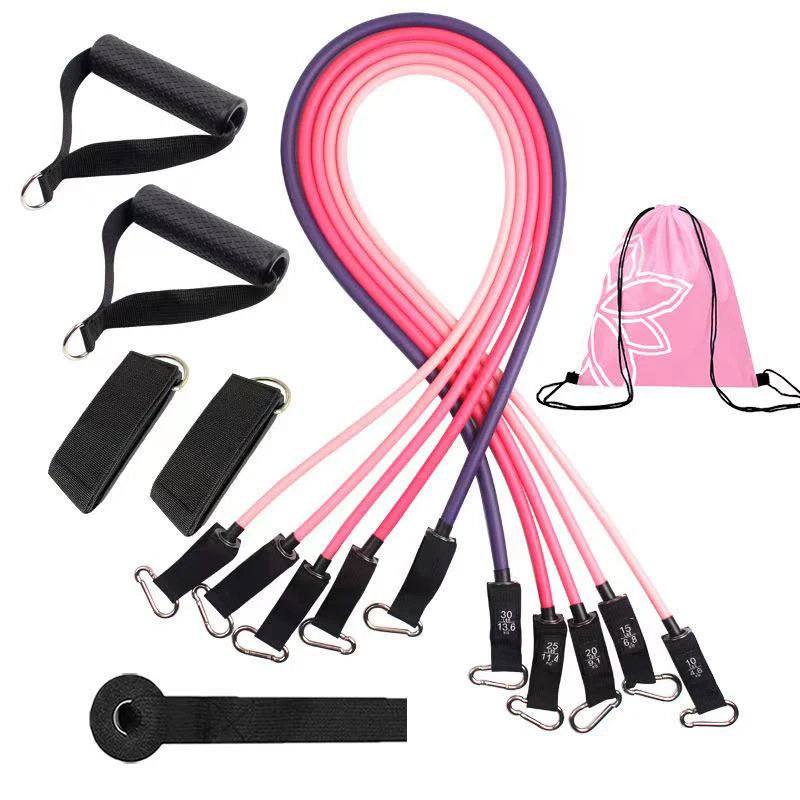 

High Quality Custom Logo Latex Elastic 11PCS Resistance bands tube set with core slider and door anchor, Can be customized