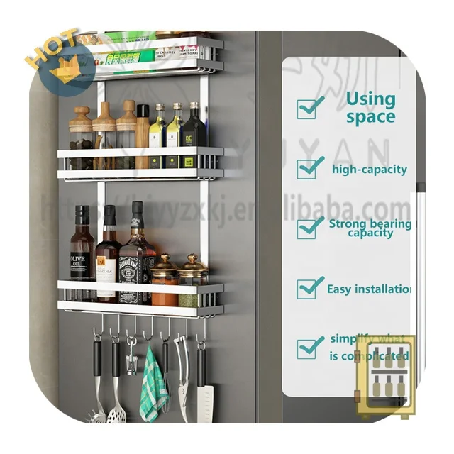 

Multi Function Traceless Adhesive Installation Fridge Side Rack Refrigerator Rack Storage Side Kitchen Rack