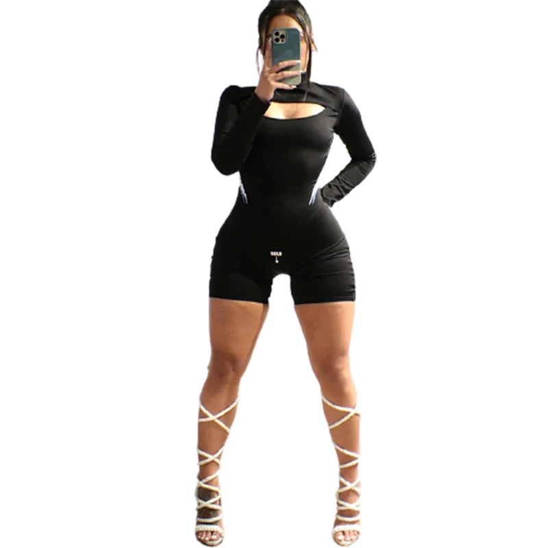 

2021 Spring Letter Print RompersTurtleneck Solid Color Long Sleeve Skinny Athleisure Biker Playsuits
