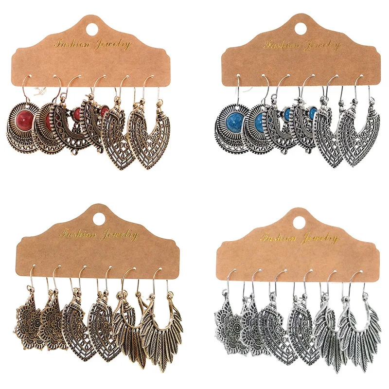 

3Pair/set Vintage Boho Earrings 2021 Antique Silver Color Alloy Turquoise Drop Earring Sets for Women Jewelry