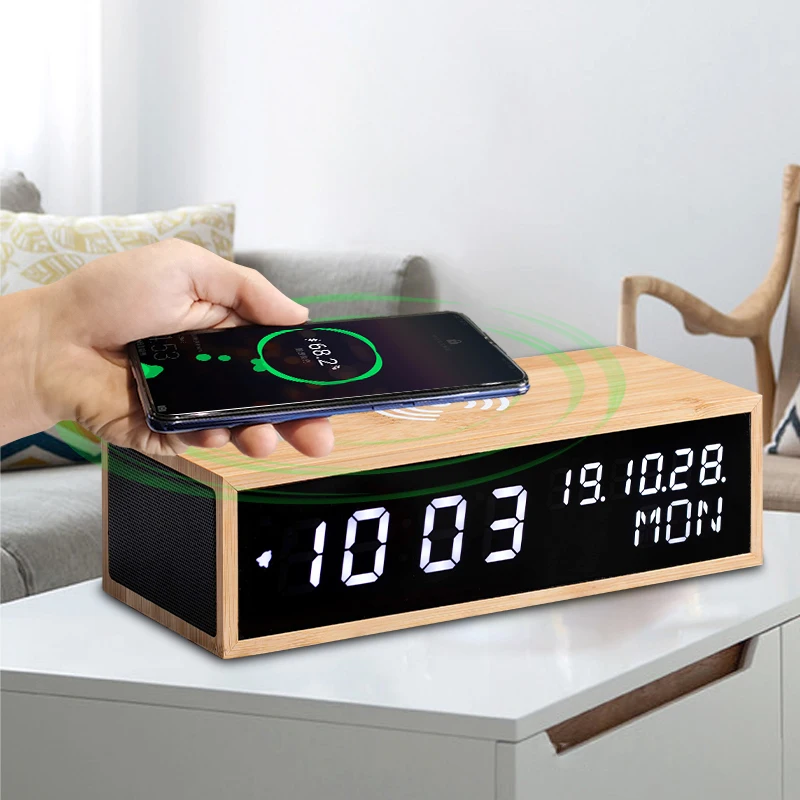 

Eco -Friendly Bamboo wireless charger with BT speaker alarm clock led light digital display environmental protecting speaker