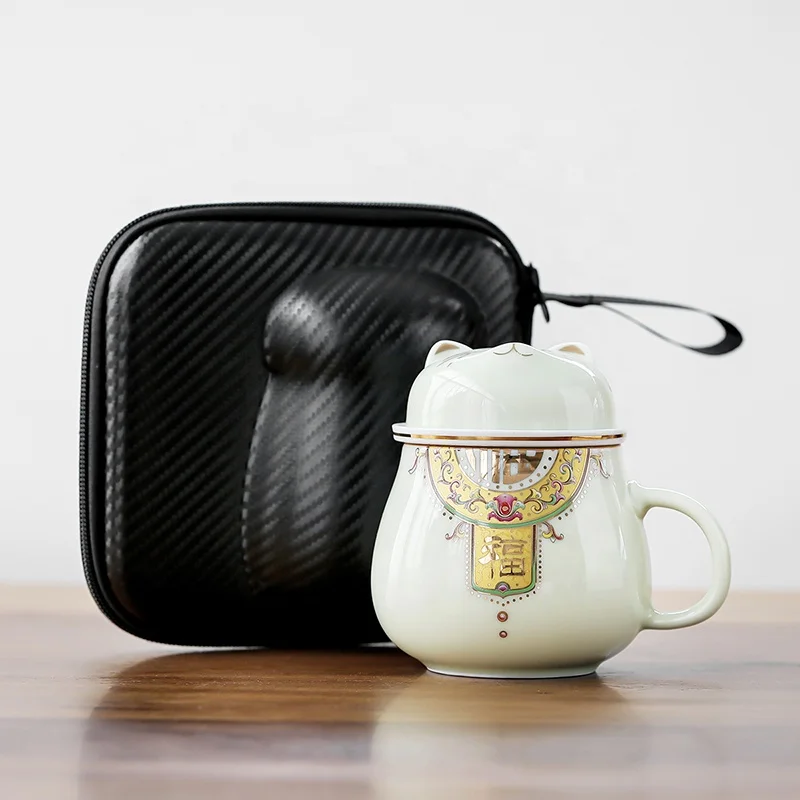 

Wholesale Lucky Cat Design Tea Cup with Infuser and Lid Ceramic Custom Logo Tea Cup Set, As picure or customized