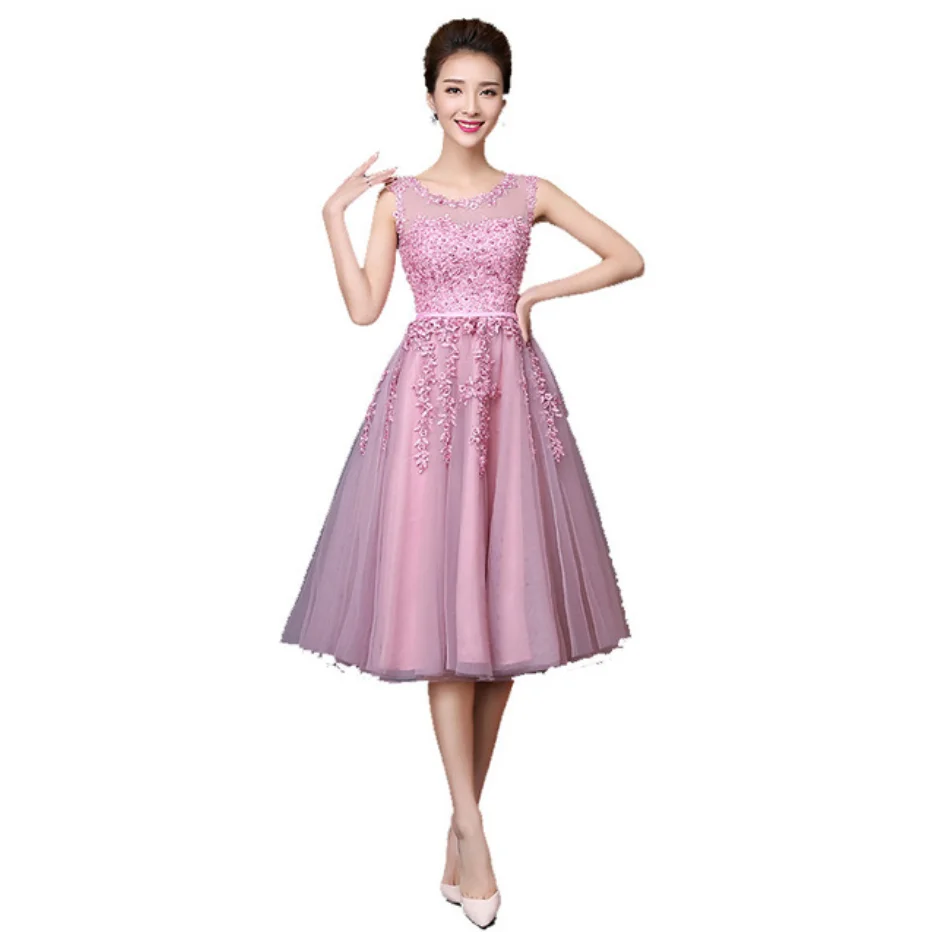 

Fashion bridesmaid dress or banquet host pink tulle applique sleeveless dress mini dress, Multi color optional , can be customized