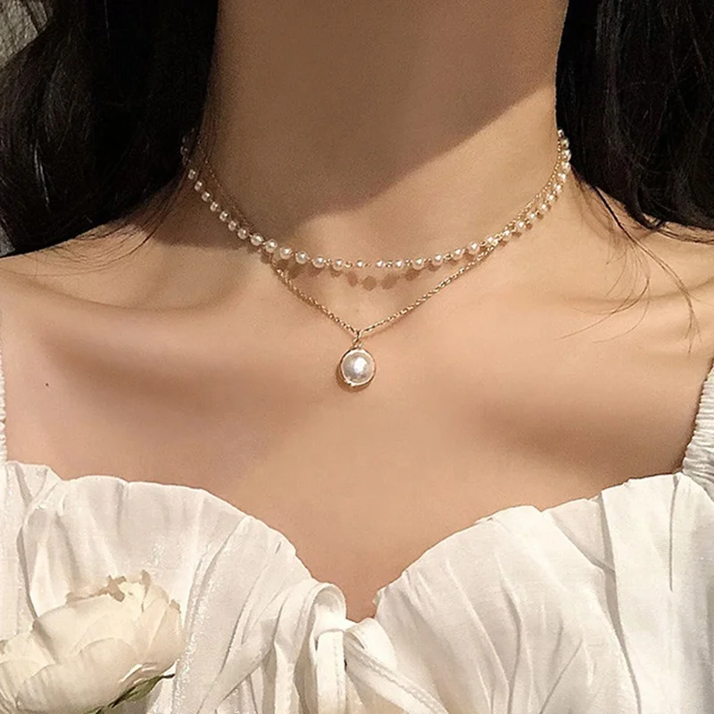 

Korean Pearl Necklace for Women Vintage Multilayer Beads Pendant Necklace Fashion Party Jewelry Gifts