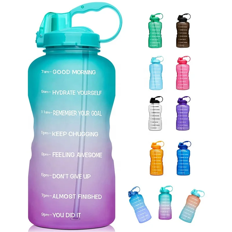 

One gallon Gradient color Tritan Large Motivational Water Bottle with Time Marker straw lid Removable gym custom, Current,or customized as your like.