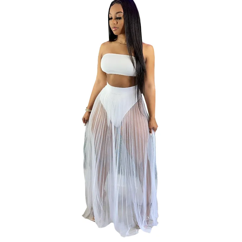 

mesh long dress sexy see through maxi white tube dress skirt sets women 2 piece outfits