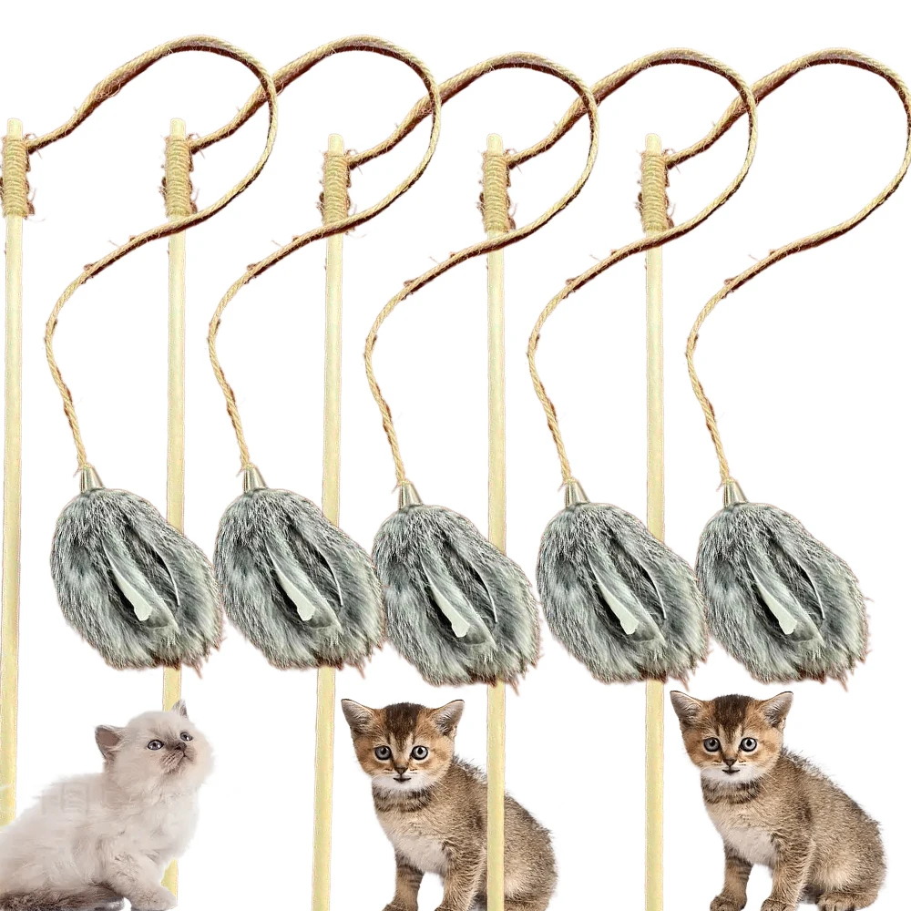 Cat Toys Wood Sticks Teaser Wand Interactive Feather Toy Natural With Rabbit Fur Plate Tail Fasion HY Pet Toys Rabbit Ear Dyed