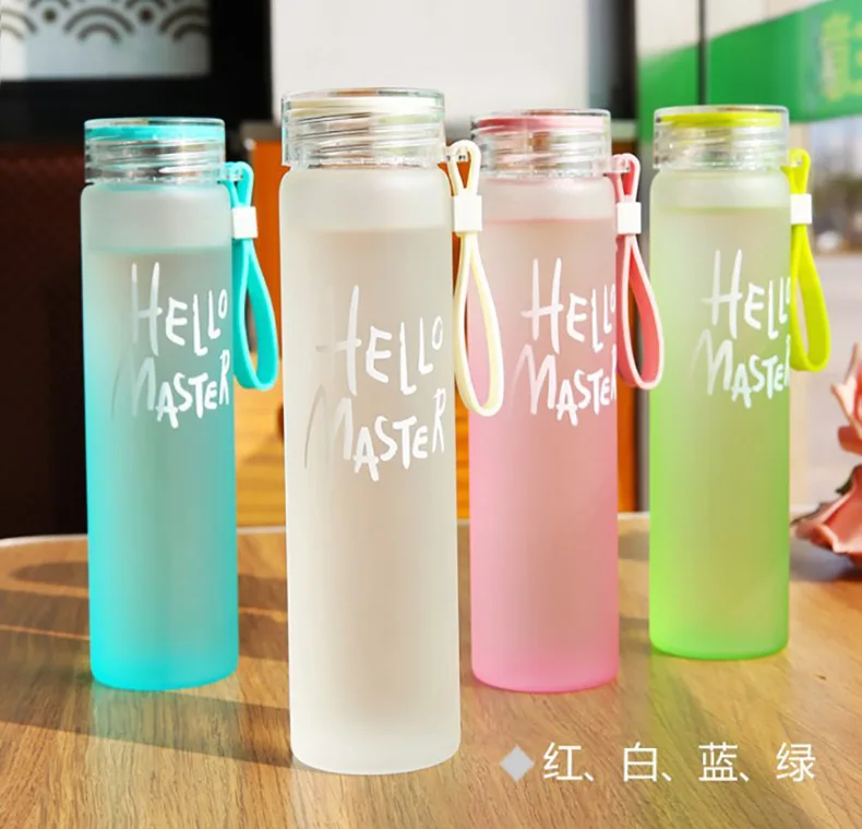 

BPA Free Eco friendly Borosilicate botella de agua viderio Colorful Water Bottle Frosted cheap Glass Water Bottle with handle