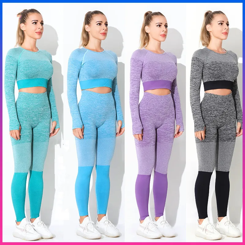 

Gym fitness wear color block long sleeve top stitching sports leggings two piece set women, Printed