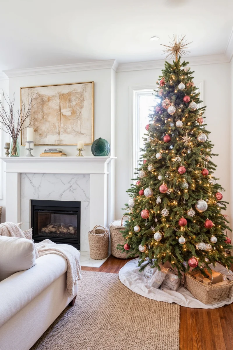 Christmas-themed throw pillows on a living room sofa