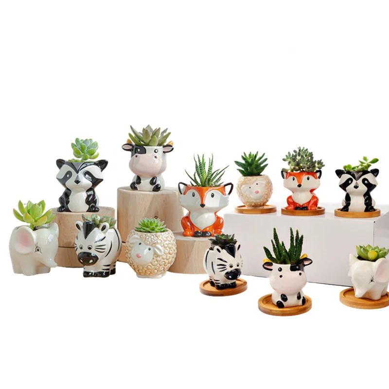 

One Set Cute Small Cow Fox Animal Succulent Planter Ceramic Flower Pots animal planter succulent pot mini ceramic pots