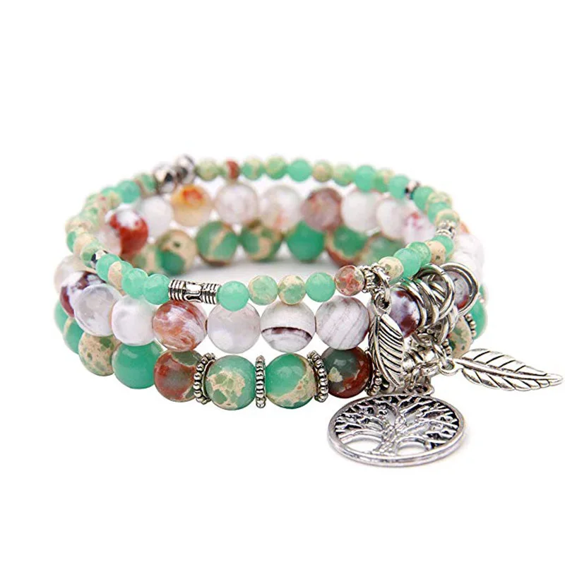 2019 Hot Seller Tree of Life Charms 10mm Green Agate Stone African Bali Beaded Bracelet Set
