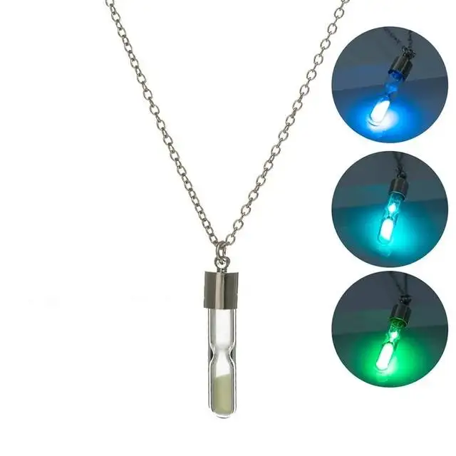 

Hot Silver Plated Sand Clock Glass Tube Luminous Hourglass Necklace Glow In The Dark For Women Men Openable