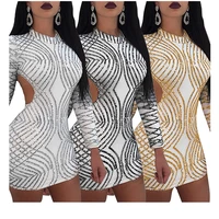 

MN047 White long sleeve sequin short mini sexy woman party halter bandage bodycon dress