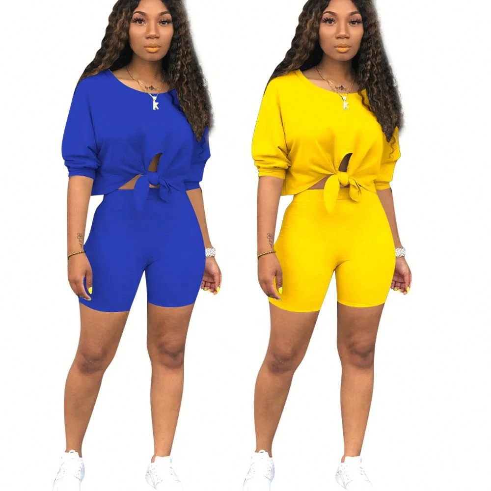 

Women Casual Set Solid Color Short Sleeve T-shirt Shorts 2 Pieces Set in Stock, Picture