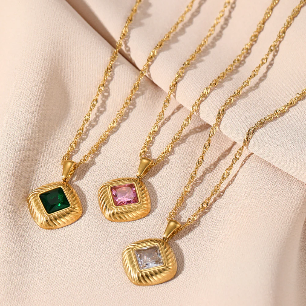 

14k Gold Plated Square Thread with Pink Green White Zirconium Stainless Steel Necklace Women
