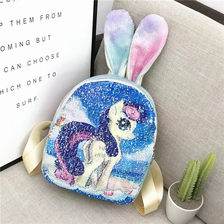 

Girls colorful pink star sequin school bag ladies cute small backpack with rabbit ears, Customized color