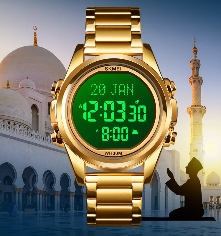 

update 3atm Azan watches classic digital man clock fashion muslim prayer watch skmei 1667, 8 colors