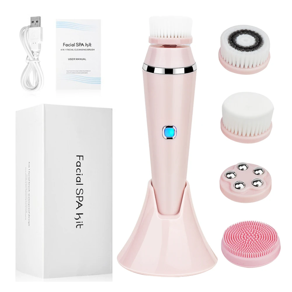 

Wholesale new private label facial cleanser 4 in 1 face brush electric, Pink, white, green
