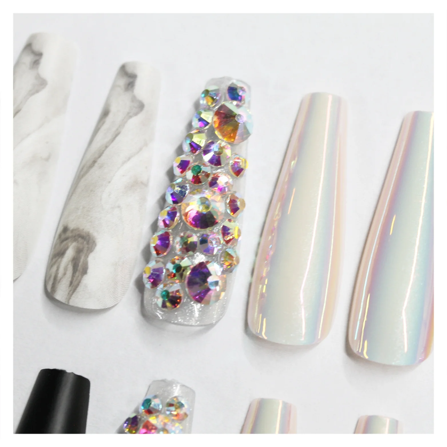 

30Pcs Long Ballet Black White Water Pattern Fake Nails Art Luxury Glamorous Crystal Press On Nails Stickers Detachable Nails Art