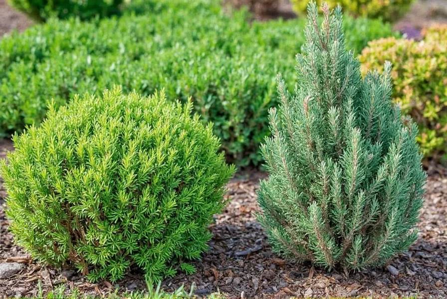 Thyme and rosemary plants growing side by side in a garden showing thyme's low-growing habit versus rosemary's upright shrub form