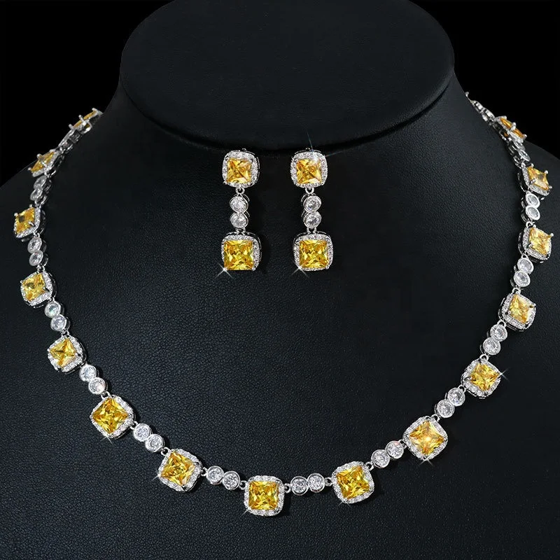 

Simple noble luxury wedding jewelry sets dubai bridal square cubic zirconia pendant necklace dangle drop earrings party set, Customized color