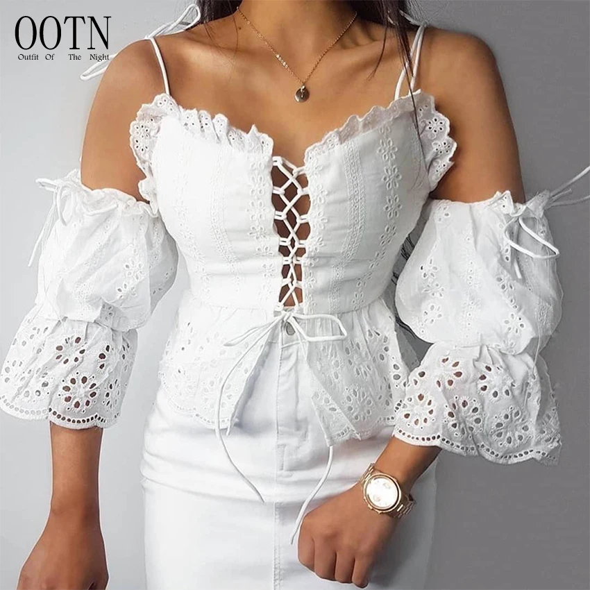 

OOTN Women Summer Shirt Hollow Out Lace Up Puff Sleeve Sexy Crop Top Spaghetti Strap Sleeveless Tops Embroidery White Blouse