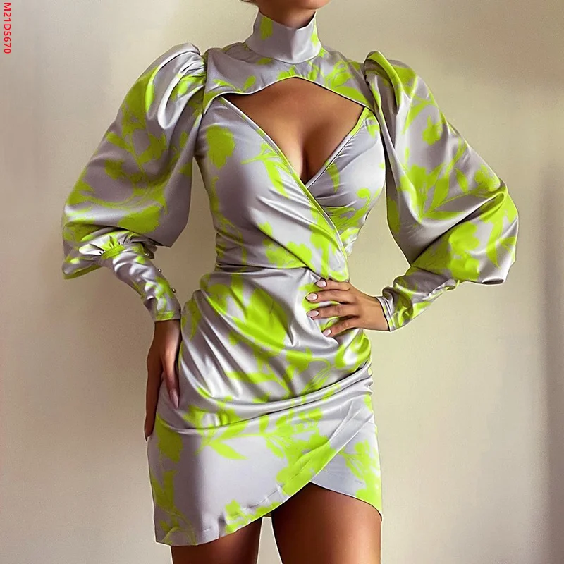 

2022 Fall New Arrival Sweet Clubwear Hollow Out Long Sleeve High Neck Zipper Print Mini Dress Women Casual Clothing Sexy Dress