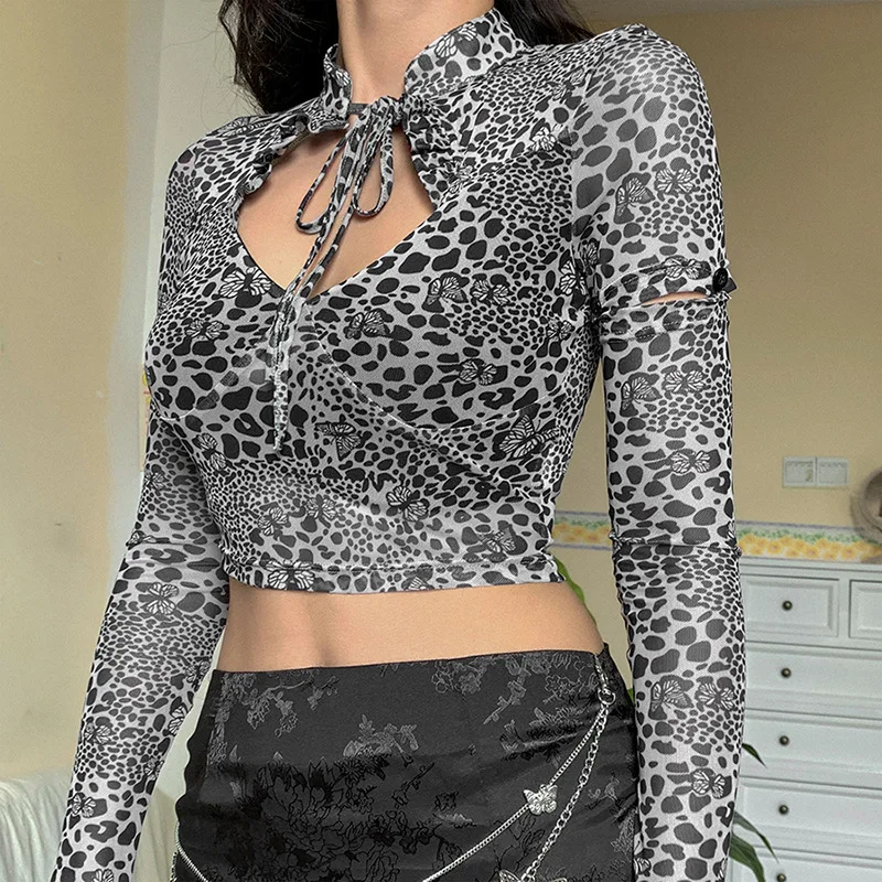 

FS2862A 2020 new arrival long sleeve leopard print T-shirts women autumn clothes